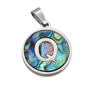 Raw Stainless Steel Pendant Pave Abalone Shell Letter-Q, approx 15mm dia [SSB2103]