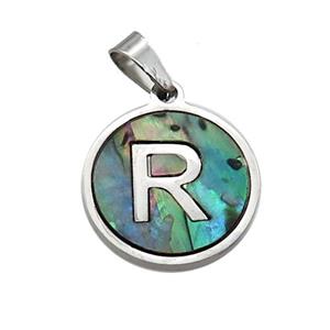 Raw Stainless Steel Pendant Pave Abalone Shell Letter-R, approx 15mm dia [SSB2104]