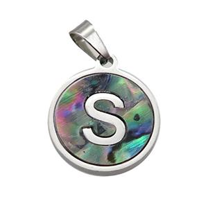 Raw Stainless Steel Pendant Pave Abalone Shell Letter-S, approx 15mm dia [SSB2105]