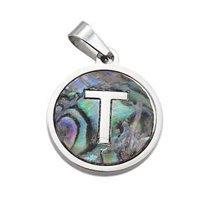 Raw Stainless Steel Pendant Pave Abalone Shell Letter-T, approx 15mm dia [SSB2106]
