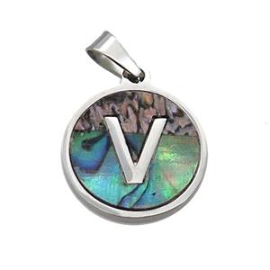Raw Stainless Steel Pendant Pave Abalone Shell Letter-V, approx 15mm dia [SSB2108]