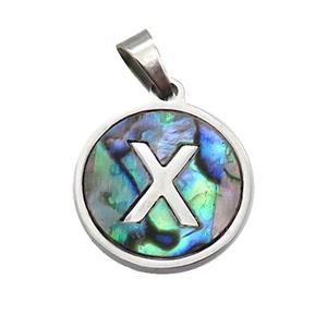 Raw Stainless Steel Pendant Pave Abalone Shell Letter-X, approx 15mm dia [SSB2110]