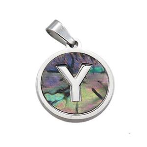 Raw Stainless Steel Pendant Pave Abalone Shell Letter-Y, approx 15mm dia [SSB2111]