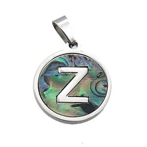 Raw Stainless Steel Pendant Pave Abalone Shell Letter-Z, approx 15mm dia [SSB2112]