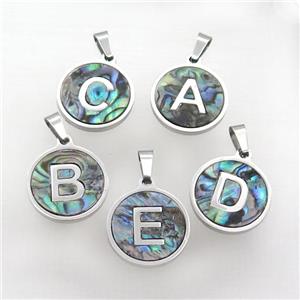 Raw Stainless Steel Letter Pendant Pave Abalone Shell Mix Alphabet, approx 15mm dia [SSB2113]