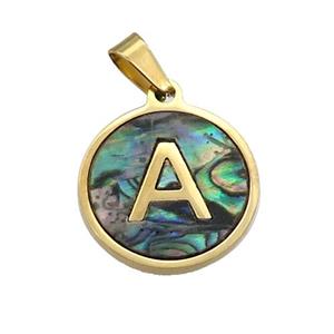 Stainless Steel Pendant Pave Abalone Shell Letter-A Gold Plated, approx 15mm dia [SSB2114]