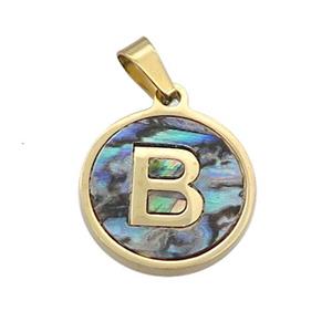 Stainless Steel Pendant Pave Abalone Shell Letter-B Gold Plated, approx 15mm dia [SSB2115]