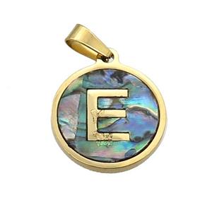 Stainless Steel Pendant Pave Abalone Shell Letter-E Gold Plated, approx 15mm dia [SSB2118]