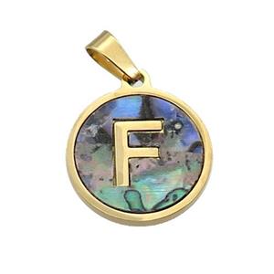 Stainless Steel Pendant Pave Abalone Shell Letter-F Gold Plated, approx 15mm dia [SSB2119]