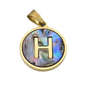 Stainless Steel Pendant Pave Abalone Shell Letter-H Gold Plated, approx 15mm dia [SSB2121]
