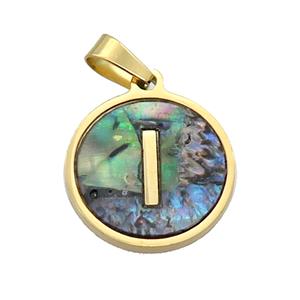 Stainless Steel Pendant Pave Abalone Shell Letter-I Gold Plated, approx 15mm dia [SSB2122]