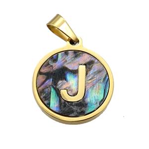 Stainless Steel Pendant Pave Abalone Shell Letter-J Gold Plated, approx 15mm dia [SSB2123]