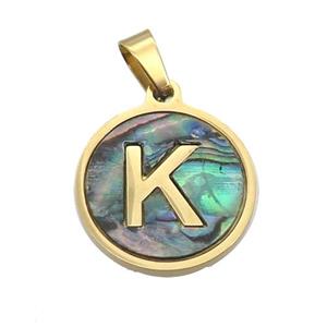 Stainless Steel Pendant Pave Abalone Shell Letter-K Gold Plated, approx 15mm dia [SSB2124]