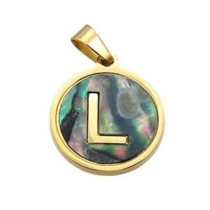Stainless Steel Pendant Pave Abalone Shell Letter-L Gold Plated, approx 15mm dia [SSB2125]