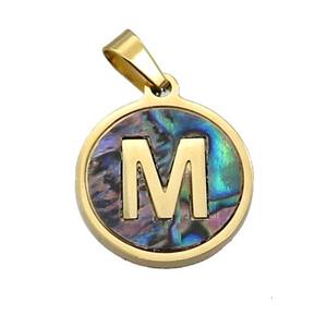 Stainless Steel Pendant Pave Abalone Shell Letter-M Gold Plated, approx 15mm dia [SSB2126]