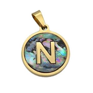 Stainless Steel Pendant Pave Abalone Shell Letter-N Gold Plated, approx 15mm dia [SSB2127]