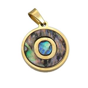 Stainless Steel Pendant Pave Abalone Shell Letter-O Gold Plated, approx 15mm dia [SSB2128]