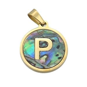 Stainless Steel Pendant Pave Abalone Shell Letter-P Gold Plated, approx 15mm dia [SSB2129]