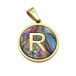 Stainless Steel Pendant Pave Abalone Shell Letter-R Gold Plated, approx 15mm dia [SSB2130]