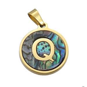 Stainless Steel Pendant Pave Abalone Shell Letter-Q Gold Plated, approx 15mm dia [SSB2131]