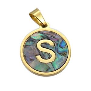 Stainless Steel Pendant Pave Abalone Shell Letter-S Gold Plated, approx 15mm dia [SSB2132]