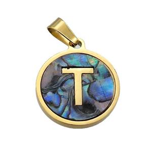 Stainless Steel Pendant Pave Abalone Shell Letter-T Gold Plated, approx 15mm dia [SSB2133]