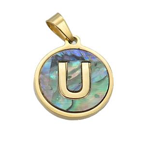 Stainless Steel Pendant Pave Abalone Shell Letter-U Gold Plated, approx 15mm dia [SSB2134]