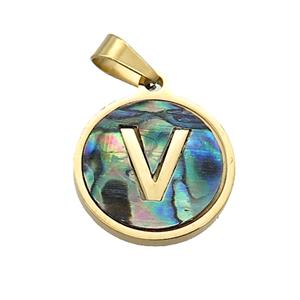 Stainless Steel Pendant Pave Abalone Shell Letter-V Gold Plated, approx 15mm dia [SSB2135]