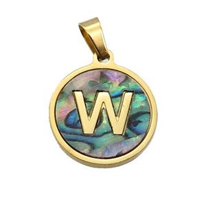 Stainless Steel Pendant Pave Abalone Shell Letter-W Gold Plated, approx 15mm dia [SSB2136]
