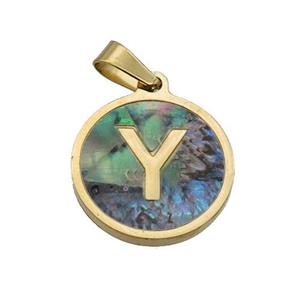 Stainless Steel Pendant Pave Abalone Shell Letter-Y Gold Plated, approx 15mm dia [SSB2138]