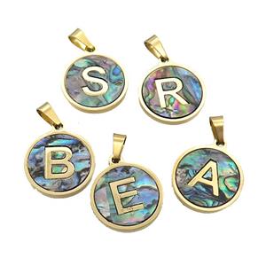 Stainless Steel Letter Pendant Pave Abalone Shell Mix Alphabet Gold Plated, approx 15mm dia [SSB2140]