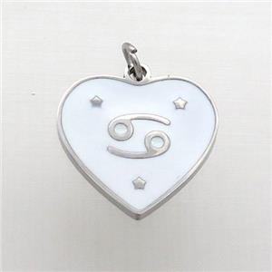 Raw Stainless Steel Heart Pendant White Enamel Zodiac Cancer, approx 15mm [SSB2141]