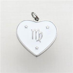 Raw Stainless Steel Heart Pendant White Enamel Zodiac Virgo, approx 15mm [SSB2142]