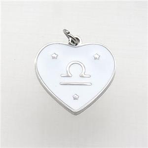Raw Stainless Steel Heart Pendant White Enamel Zodiac Libra, approx 15mm [SSB2143]