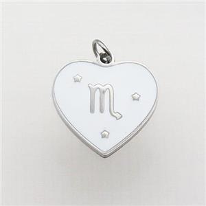 Raw Stainless Steel Heart Pendant White Enamel Zodiac Scorpio, approx 15mm [SSB2145]