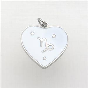 Raw Stainless Steel Heart Pendant White Enamel Zodiac Capricorn, approx 15mm [SSB2146]