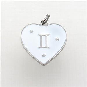 Raw Stainless Steel Heart Pendant White Enamel Zodiac Gemini, approx 15mm [SSB2147]