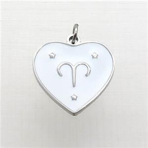 Raw Stainless Steel Heart Pendant White Enamel Zodiac Aries, approx 15mm [SSB2152]