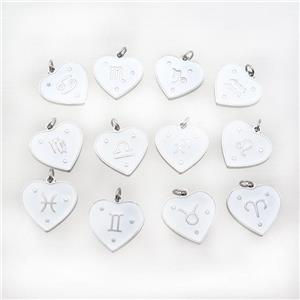 Raw Stainless Steel Heart Pendant White Enamel Zodiac Mixed, approx 15mm [SSB2153]