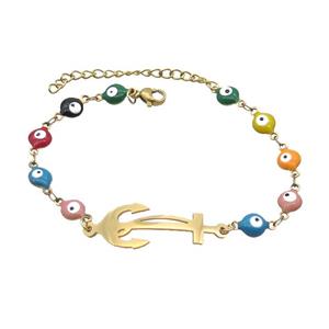 Stainless Steel Bracelets Evil Eye Multicolor Anchor Gold Plated, approx 11-35mm, 6mm, 16-22cm length [SSB2196]