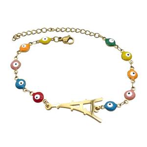 Stainless Steel Bracelets Evil Eye Multicolor Eiffel Tower Gold Plated, approx 14-30mm, 6mm, 16-22cm length [SSB2200]
