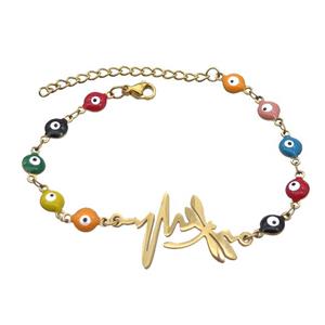 Stainless Steel Bracelets Evil Eye Multicolor Dragonfly Gold Plated, approx 20-35mm, 6mm, 16-22cm length [SSB2205]