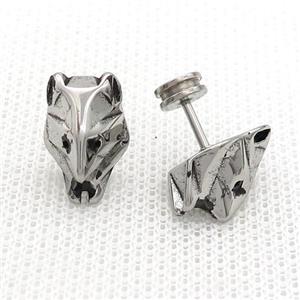 Raw Stainless Steel Stud Earrings Wolf, approx 10-15mm [SSB2343]