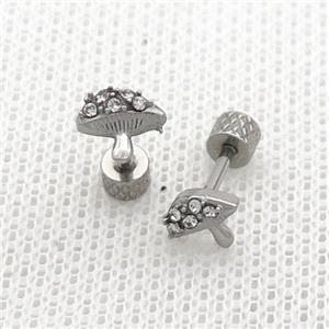 Raw Stainless Steel Stud Earrings Pave Rhinestone Mushroom, approx 6-7mm [SSB2365]
