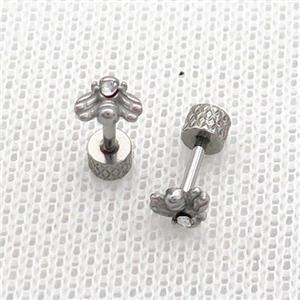Raw Stainless Steel Stud Earrings Pave Rhinestone Bee, approx 6mm [SSB2369]