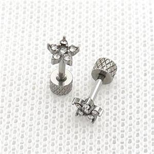 Raw Stainless Steel Stud Earrings Pave Rhinestone Flower, approx 5mm [SSB2373-5.5MM]