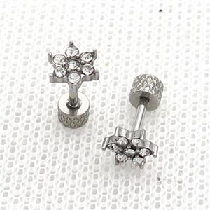 Raw Stainless Steel Stud Earrings Pave Rhinestone Flower, approx 7mm [SSB2374]