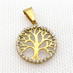 Stainless Steel Pendant Tree Of Life Pave Rhinestone Gold Plated, approx 20mm [SSB2377]
