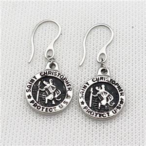 Stainless Steel Hook Earring Saint Christopher Antique Silver, approx 18.5mm [SSB2379]