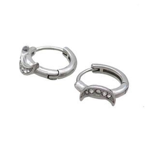 Raw Stainless Steel Hoop Earrings Pave Rhinestone Moon, approx 14mm dia [SSB2386]